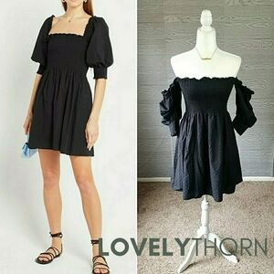 KOURT // ltd ed opt puff sleeve swiss dot smocked off the shoulder cotta…